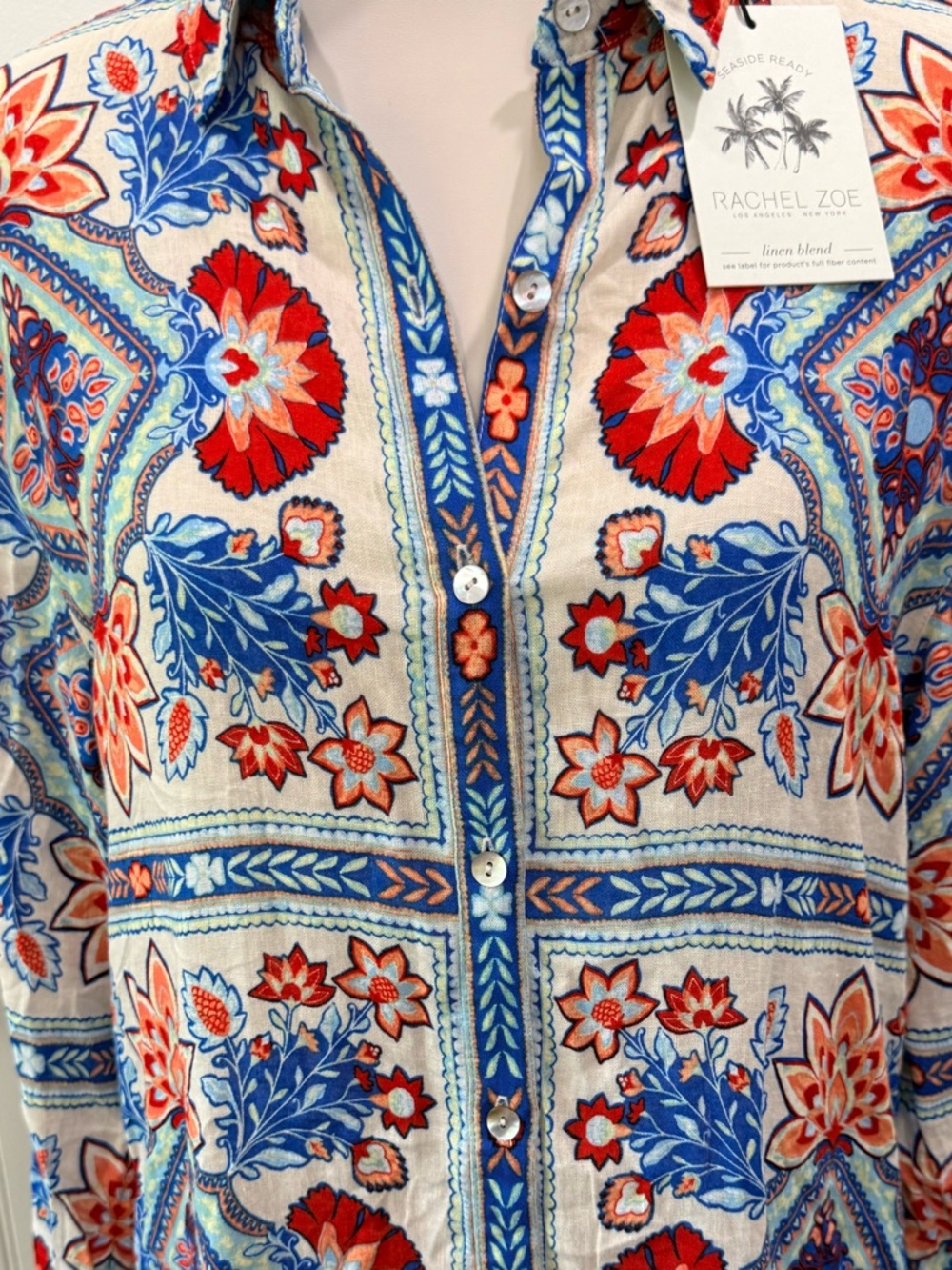 Rachel Zoe Floral Paisley Linen Blend Swim Coverup in Blue, Red, White - Picture 6 of 6